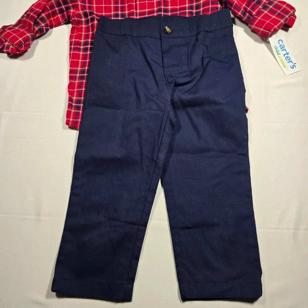 Carters 2T Boys‎ Red Plaid Button Down Shirt and Navy Pants Set NWT